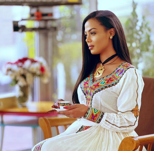 Ethiopian Traditional Dress with colorful Embroidery – Classic Habesha Kemis for Women