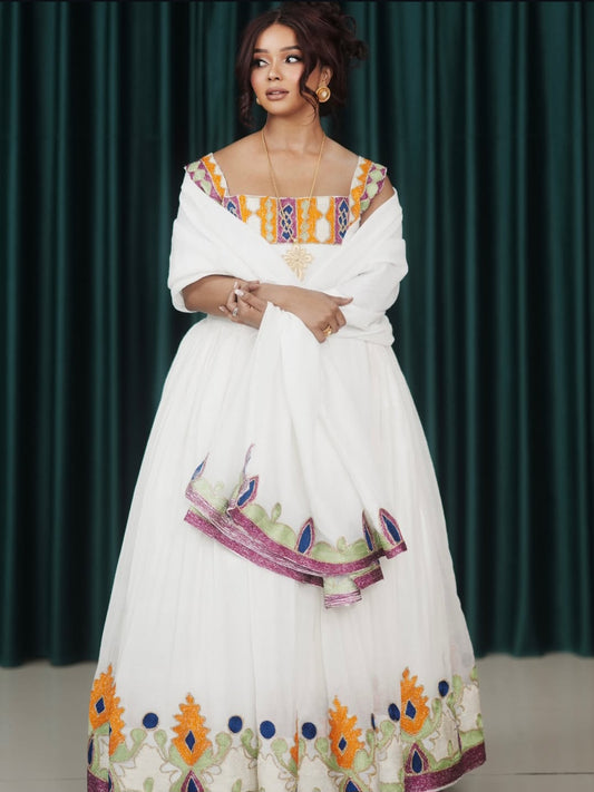 White Habesha Dress with Colorful Tibeb – Elegant Ethiopian Kemis