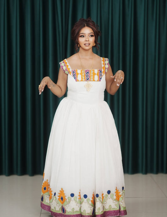 White Habesha Dress with Colorful Tibeb – Elegant Ethiopian Kemis