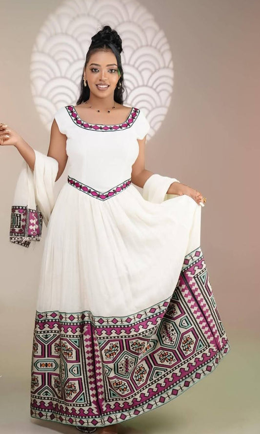 Vibrant Habesha Dress with Purple Tibeb – Ethiopian Traditional Dress