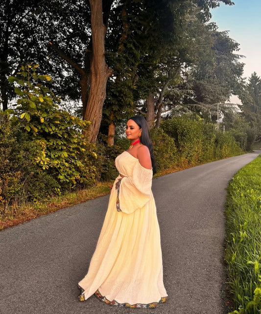 Off-Shoulder Habesha Dress – Modern Ethiopian Traditional Dress