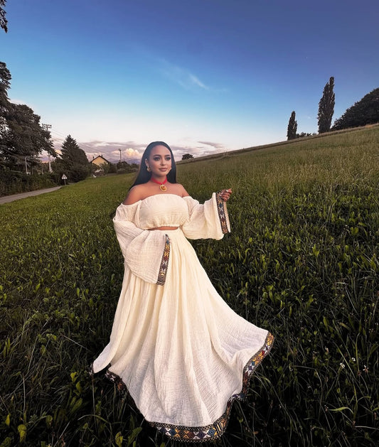 Off-Shoulder Habesha Dress – Modern Ethiopian Traditional Dress