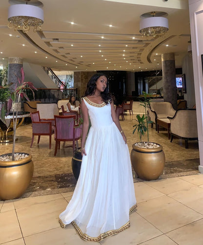Simple White Habesha Kemis with Gold Border – Elegant Ethiopian Dress
