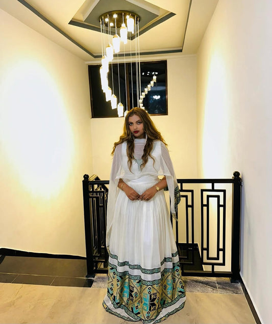 Modern Habesha Dress with green Tibeb – Elegant Ethiopian Traditional Dress