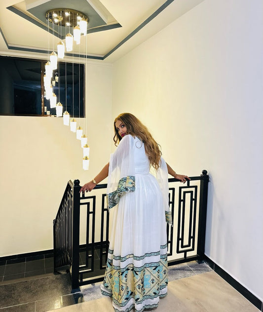 Modern Habesha Dress with green Tibeb – Elegant Ethiopian Traditional Dress
