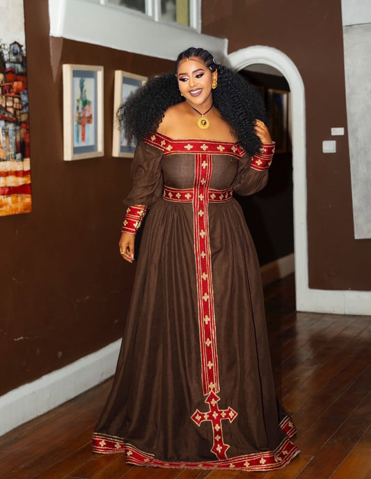 Brown Habesha Dress with Cross Tibeb – Regal Ethiopian Traditional Dress