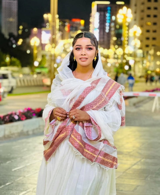 Classic Habesha Kemis with Red Tibeb – Authentic Ethiopian Dress