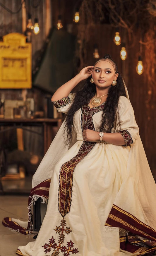 Cream Habesha Dress with Traditional Tibeb – Authentic Ethiopian Kemis