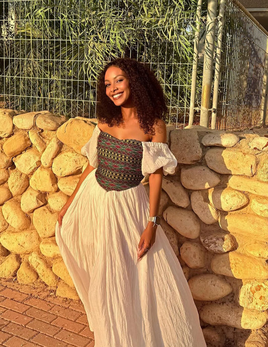 Off-Shoulder Habesha Dress with multicolor Tibeb – Contemporary Ethiopian Dress
