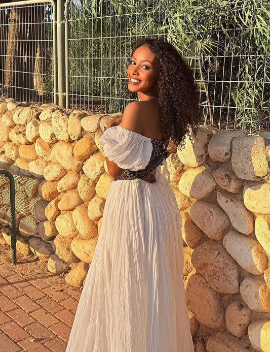 Off-Shoulder Habesha Dress with multicolor Tibeb – Contemporary Ethiopian Dress