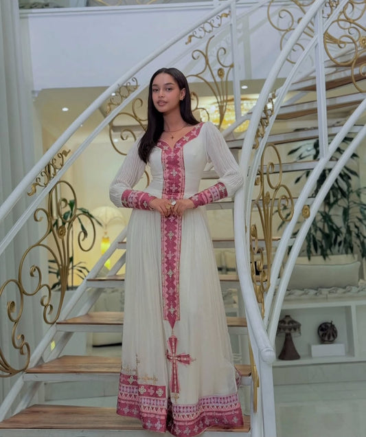 Elegant Habesha Kemis with Pink & Gold Tibeb – Classic Ethiopian Dress