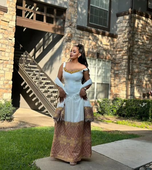 Gold Brown Accent Habesha Dress – Elegant Ethiopian Traditional Dress for Events
