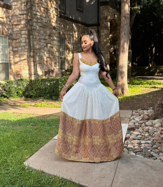 Gold Brown Accent Habesha Dress – Elegant Ethiopian Traditional Dress for Events