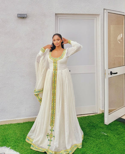 Modern Habesha Dress with Green Tibeb - Handwoven Ethiopian Kemis
