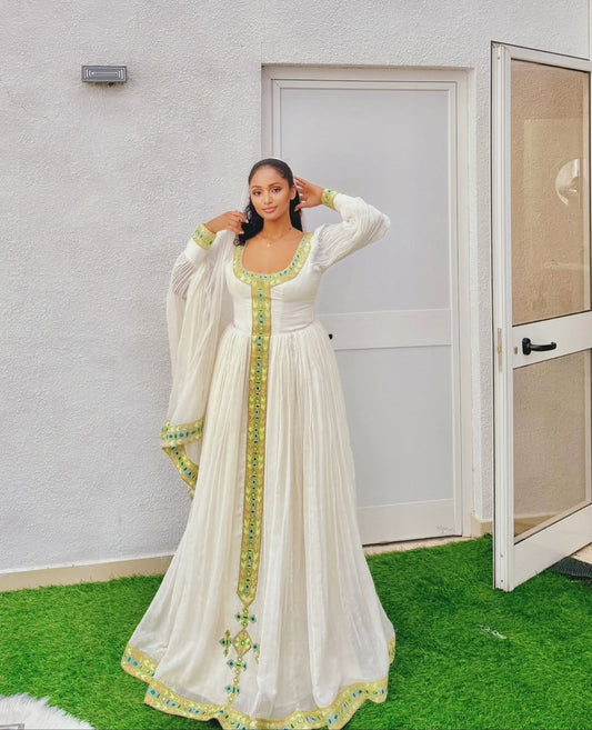 Modern Habesha Dress with Green Tibeb - Handwoven Ethiopian Kemis
