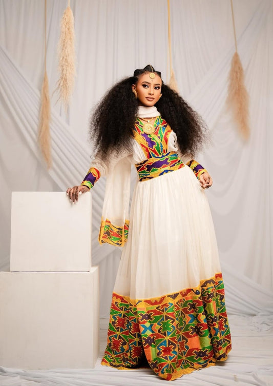 Habesha Dress: White with multicolor Tibeb – Elegant Ethiopian Kemis