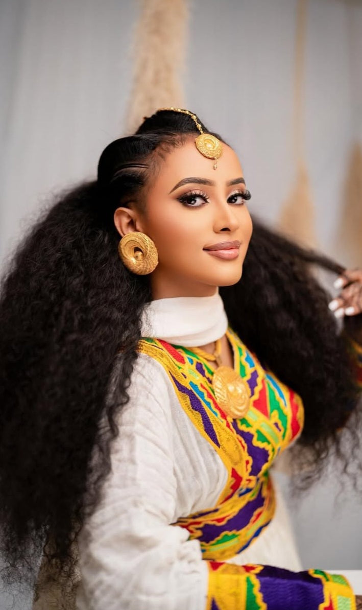 Habesha Dress: White with multicolor Tibeb – Elegant Ethiopian Kemis