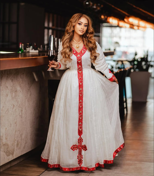 Traditional Ethiopian Dress with Red Tibeb – Authentic Habesha Kemis
