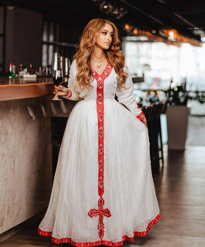 Traditional Ethiopian Dress with Red Tibeb – Authentic Habesha Kemis