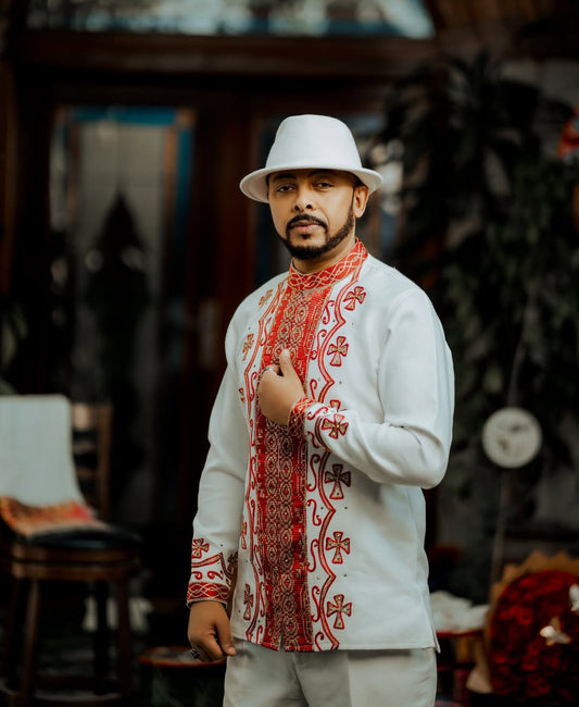 White Habesha Men's Shirt with Red & White Cross Embroidery – Traditional Pattern