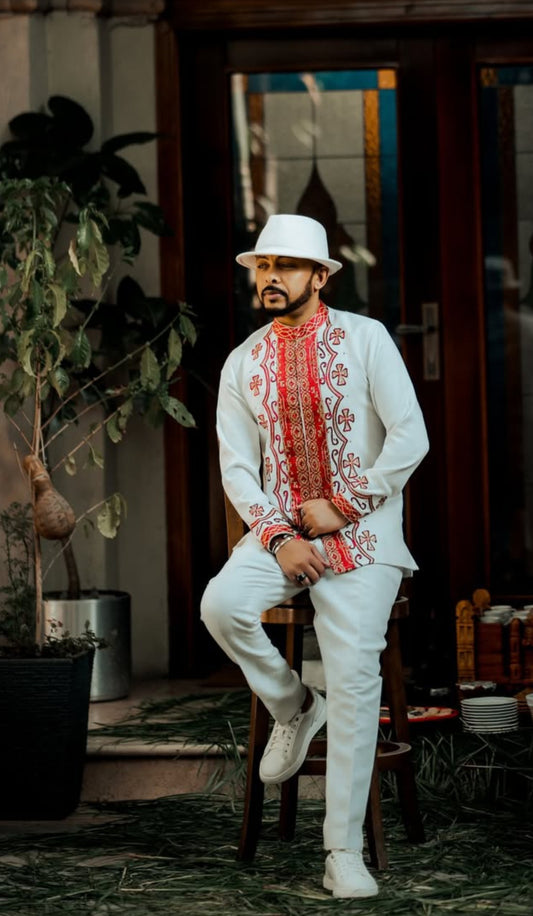 White Habesha Men's Shirt with Red & White Cross Embroidery – Traditional Pattern