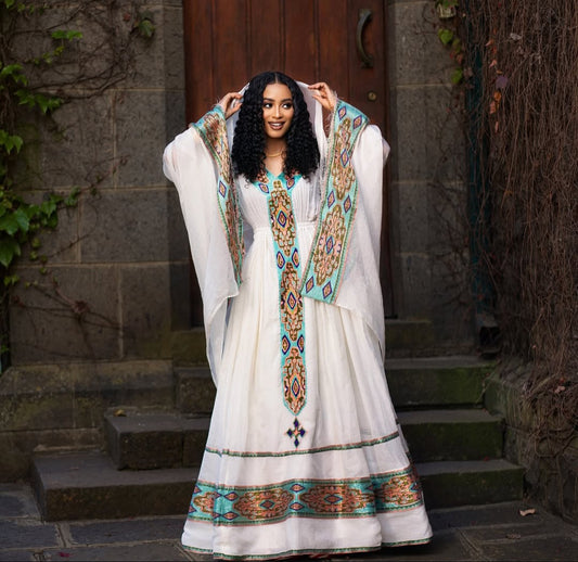 White Habesha Dress with Gold Tibeb – Handwoven Ethiopian Traditional Dress