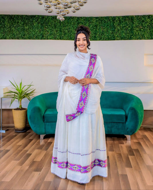 Stylish Habesha Dress with Purple Tibeb – Modern Ethiopian Kemis