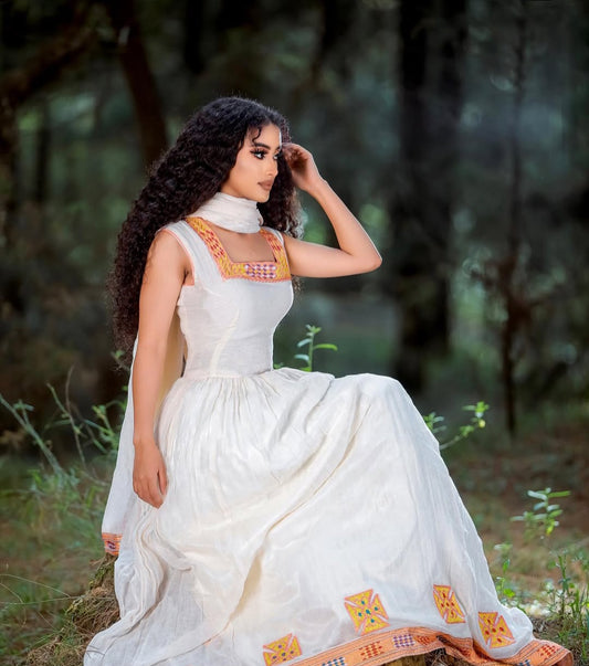 Unique Habesha Dress with Gold Tibeb – Sleeveless Ethiopian Dress