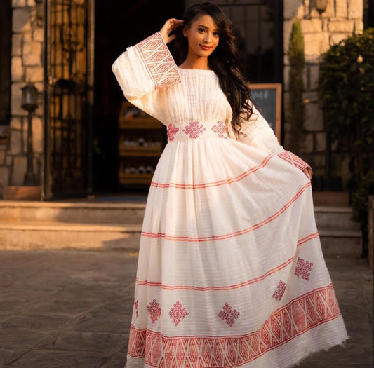 Classic Habesha Kemis with Red Stripes & Tibeb – Authentic Ethiopian Dress