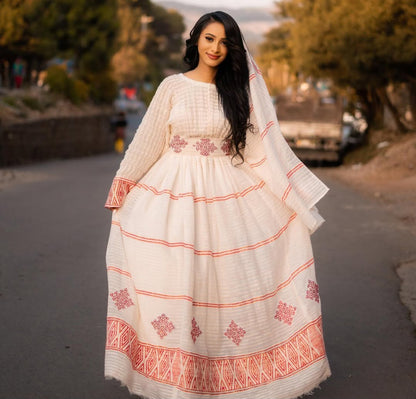 Classic Habesha Kemis with Red Stripes & Tibeb – Authentic Ethiopian Dress
