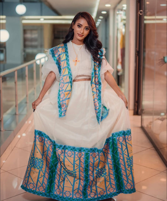 Modern Habesha Dress with Blue & Yellow Tibeb – Elegant Ethiopian Dress