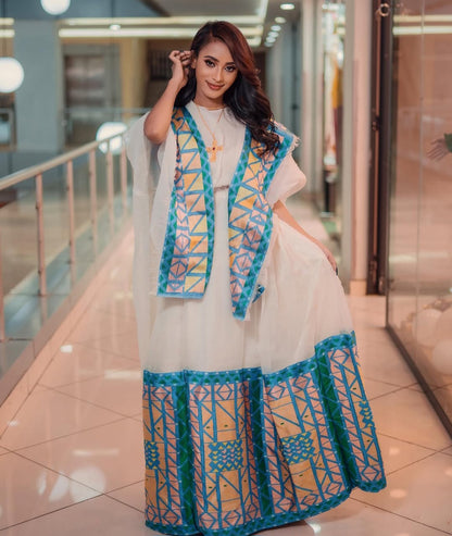 Modern Habesha Dress with Blue & Yellow Tibeb – Elegant Ethiopian Dress