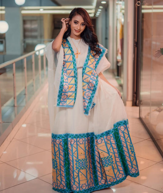 Modern Habesha Dress with Blue & Yellow Tibeb – Elegant Ethiopian Dress