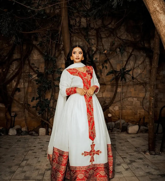 Elegant Ethiopian Dress with Red Tibeb – Cultural Habesha Dress for Shimglina & Events