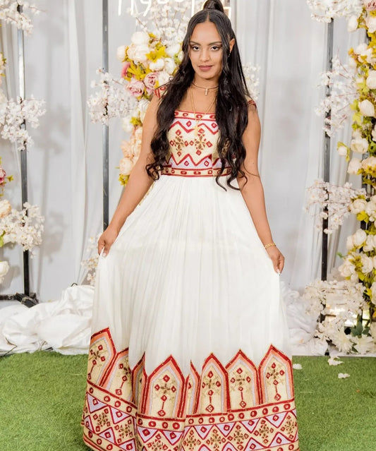 Ethiopian Wedding Dress with Red & Gold Tibeb – Elegant Habesha Kemis for Brides
