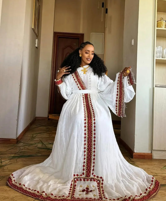 Regal Ethiopian Dress with Red Tibeb – Stunning Habesha kemis