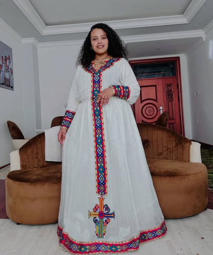 Authentic Ethiopian Dress with multicolor Tibeb – Traditional Habesha Kemis