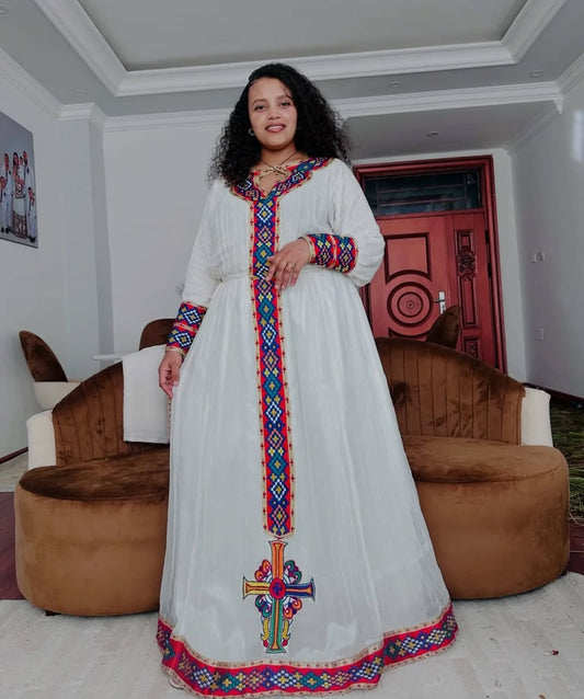 Authentic Ethiopian Dress with multicolor Tibeb – Traditional Habesha Kemis