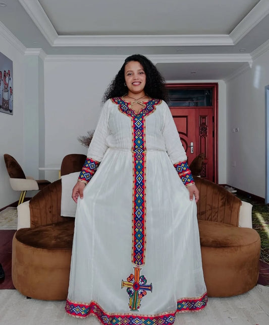Authentic Ethiopian Dress with multicolor Tibeb – Traditional Habesha Kemis