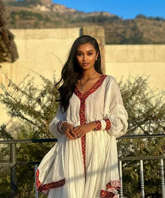 Classic Ethiopian Dress with Red Trim – Authentic Habesha Kemis