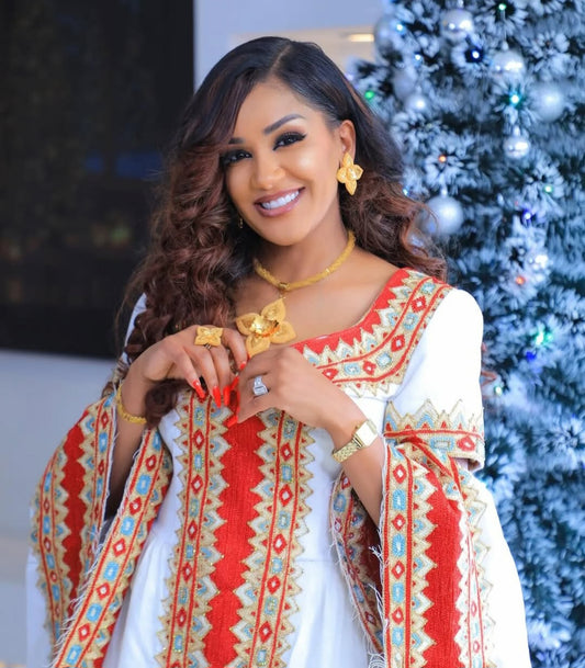 Vibrant Habesha Kemis with Red Tibeb – Ethiopian Traditional Dress