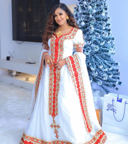 Vibrant Habesha Kemis with Red Tibeb – Ethiopian Traditional Dress