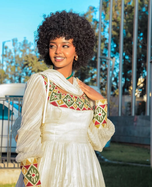 Traditional Ethiopian Dress with colorfull Tibeb – Authentic Habesha Kemis