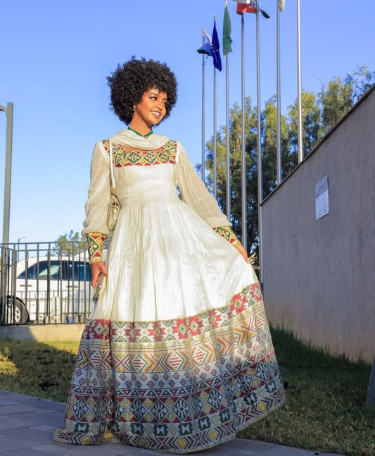 Traditional Ethiopian Dress with colorfull Tibeb – Authentic Habesha Kemis