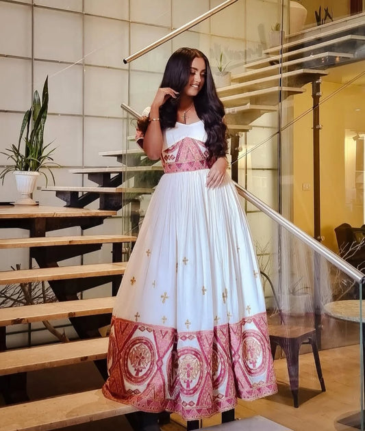 White Habesha Dress with Pink Tibeb – Modern Ethiopian kemis