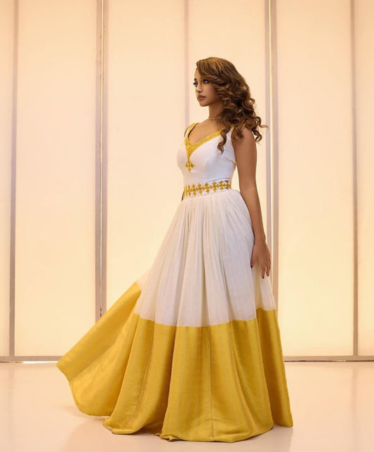 White Ethiopian Dress with Gold & Yellow Accents – Elegant Habesha dress
