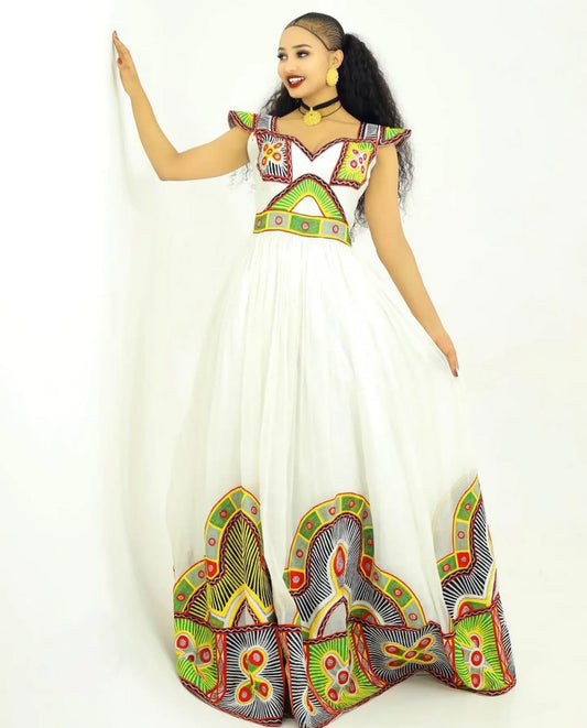 Colorful Habesha Dress with Geometric Tibeb – Authentic Ethiopian Kemis
