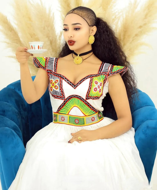 Colorful Habesha Dress with Geometric Tibeb – Authentic Ethiopian Kemis