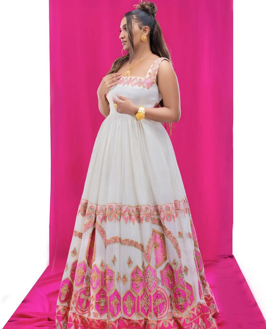 Modern Habesha Dress with Pink Tibeb – Stylish Ethiopian zuria
