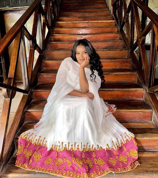 Modern Habesha Kemis with Pink Tibeb – Stunning Ethiopian Dress for Everyday or Events